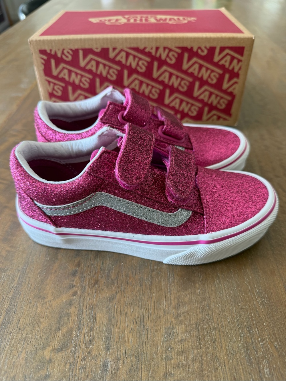 Vans Kids Glitter Velcro Sneakers - Hot Pink with Silver Stripe